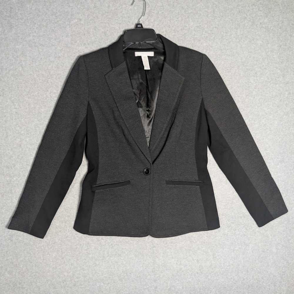 Chicos Women Size 0 Charcoal Gray Black Contrast Panel Single Button Blazer Coat